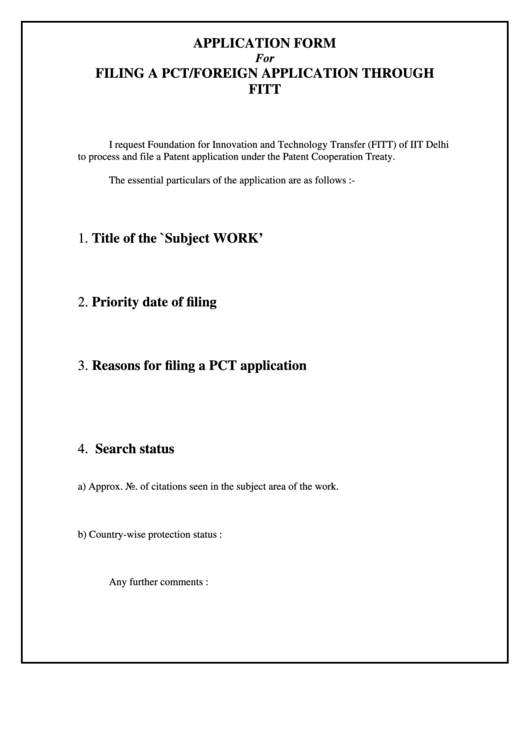 Application Form For Filing A Pct/foreign Application Through Fitt Printable pdf