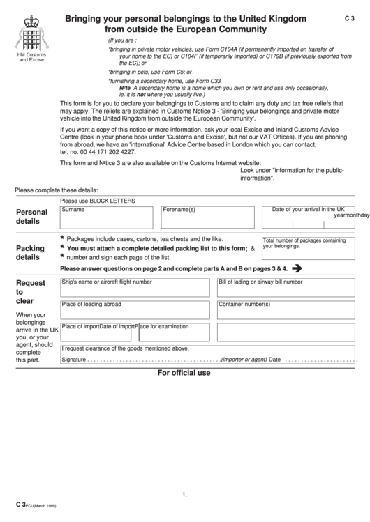 Form C 3 - Duty And Tax Relief Printable pdf