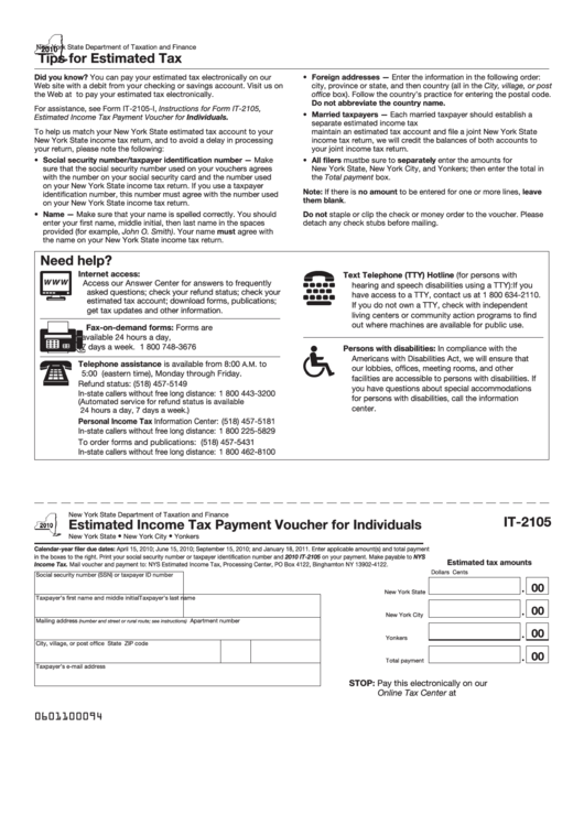 Fillable Form It-2105 - Estimated Income Tax Payment Voucher For Individuals - 2010 Printable pdf
