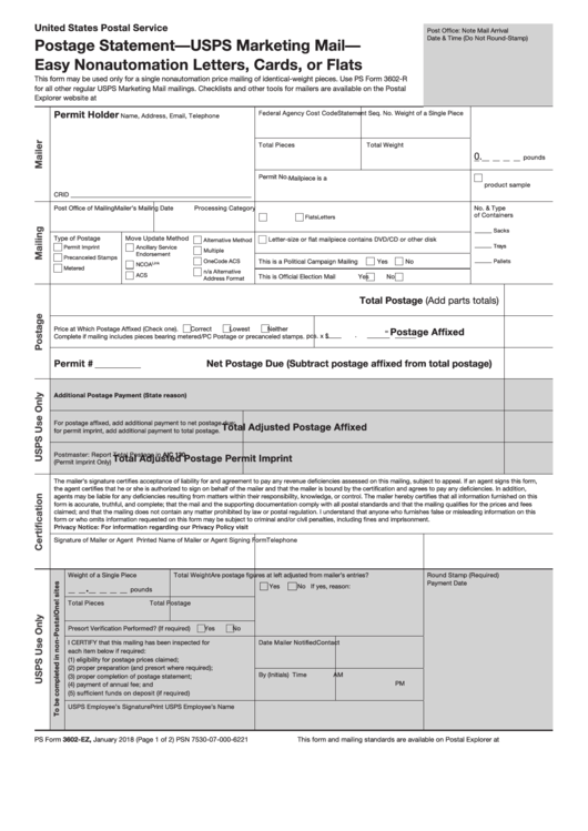 Ps Form 3602-ez - Postage Statement - Usps Marketing Mail - Easy Nonautomation Letters Or Flats