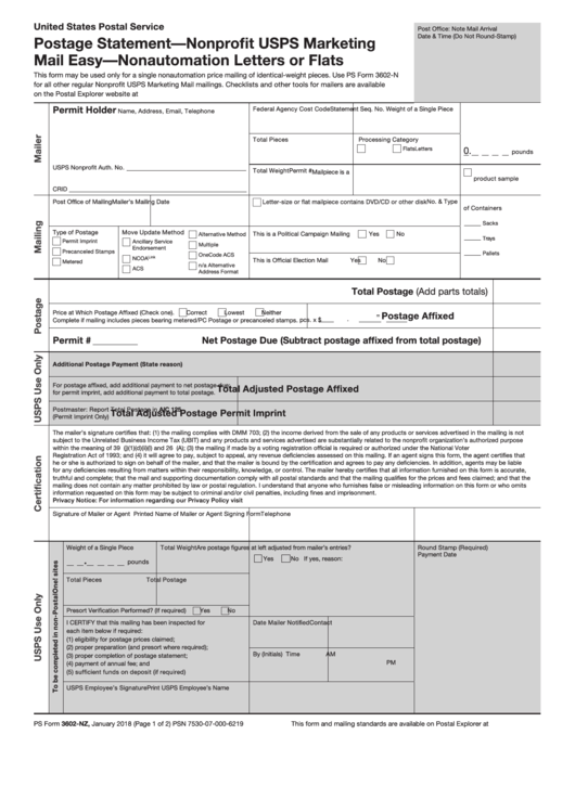 Ps Form 3602-Nz - Postage Statement - Nonprofit Usps Marketing Mail Easy - Nonautomation Letters Or Flats Printable pdf