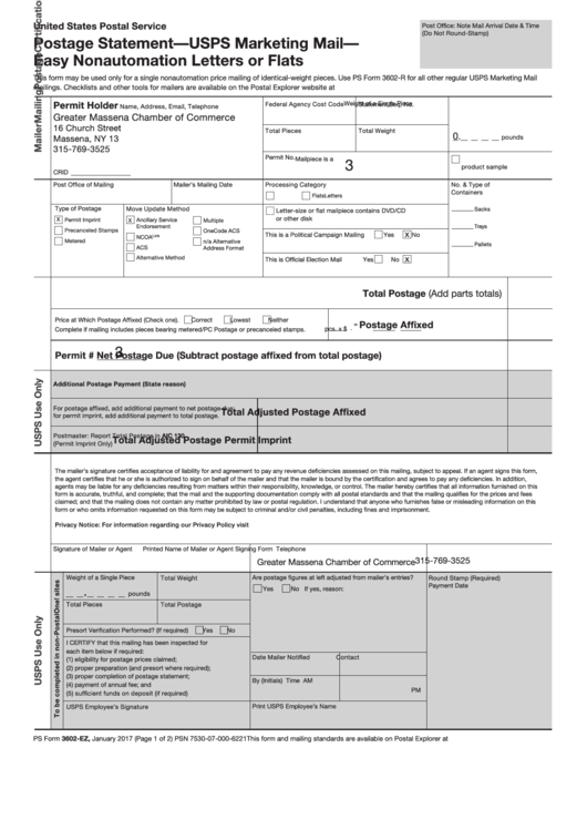 Ps Form 3602-ez - Postage Statement - Usps Marketing Mail - Easy Nonautomation Letters Or Flats