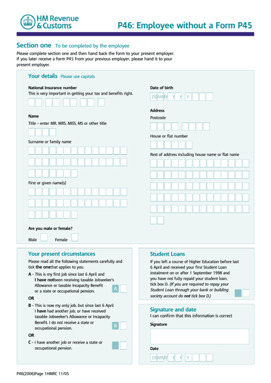 Form P46 - Employee Without A Form P45