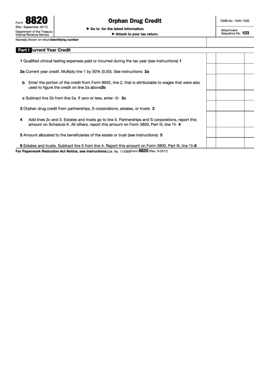 Fillable Form 8820 - Orphan Drug Credit - Internal Revenue Service Printable pdf