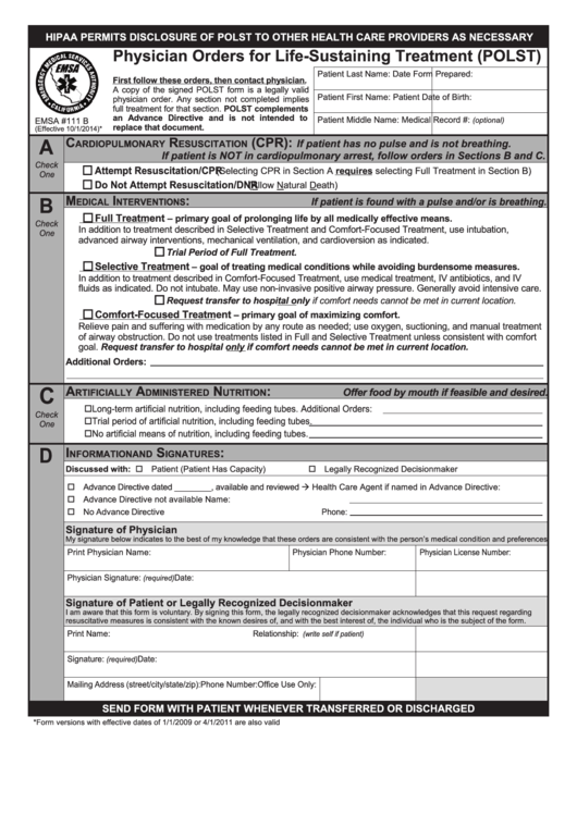 Physician Orders For Life-Sustaining Treatment (Polst) Printable pdf
