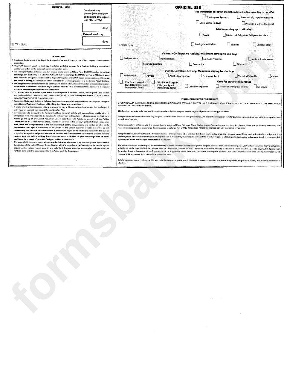 Multiple Immigration Form (Fmm) - United Mexican States