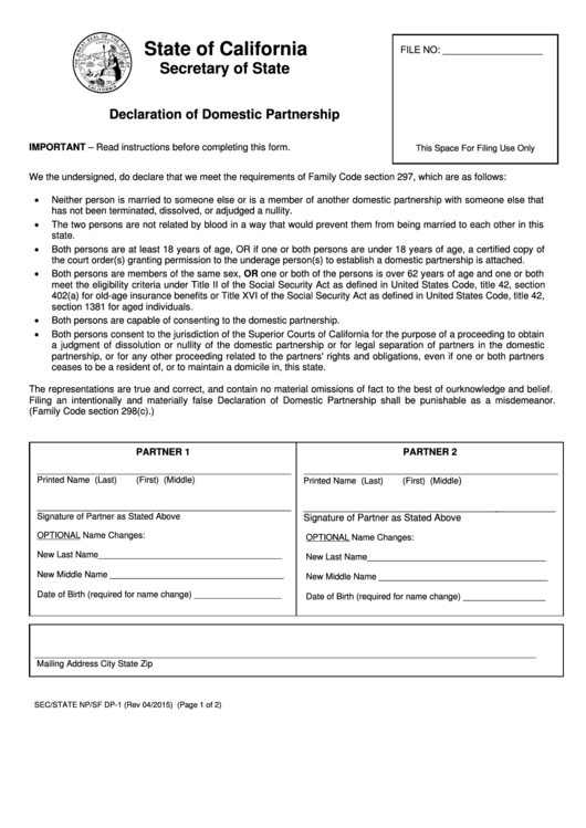 Fillable Form Np/sf Dp1 Declaration Of Domestic Partnership