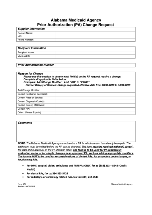 Fillable Form 471 - Prior Authorization (Pa) Change Request Printable pdf