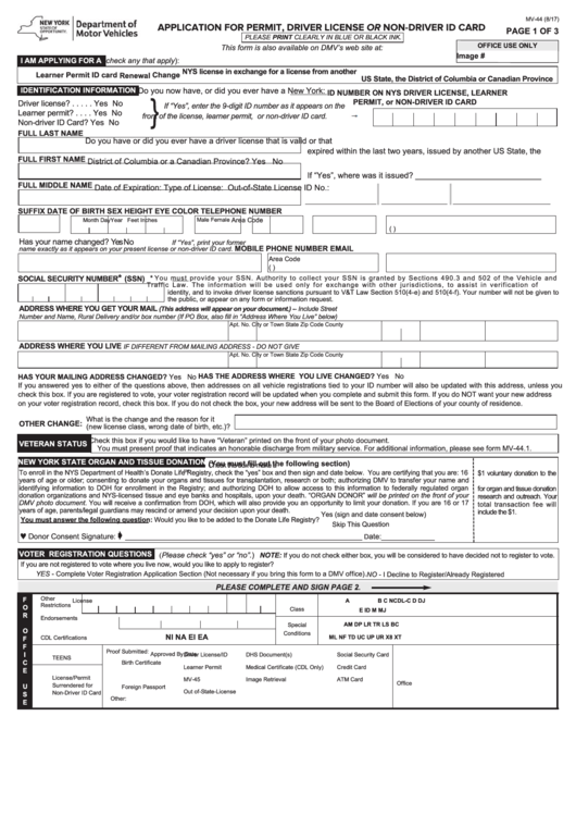 Fillable Form Mv-44 - Application For Permit, Driver License Or Non-Driver Id Card - New York ...