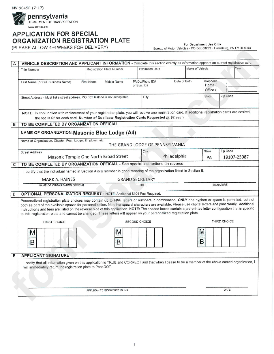 Form Mv-904sp - Application For Special Organization Registration Plate