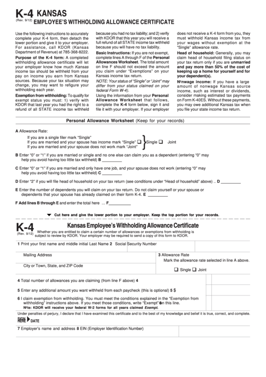 Fillable Form K4 Employee'S Withholding Allowance Certificate