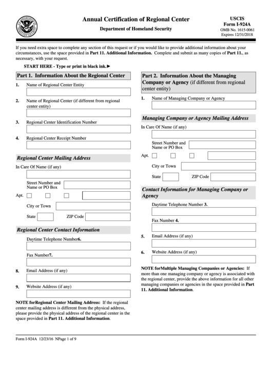 Fillable Form I-924a - Annual Certification Of Regional Center Printable pdf