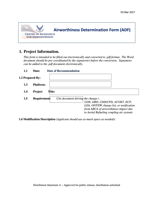 Airworthiness Determination Form (Adf) - Center Of Excellence For Airworthiness Printable pdf