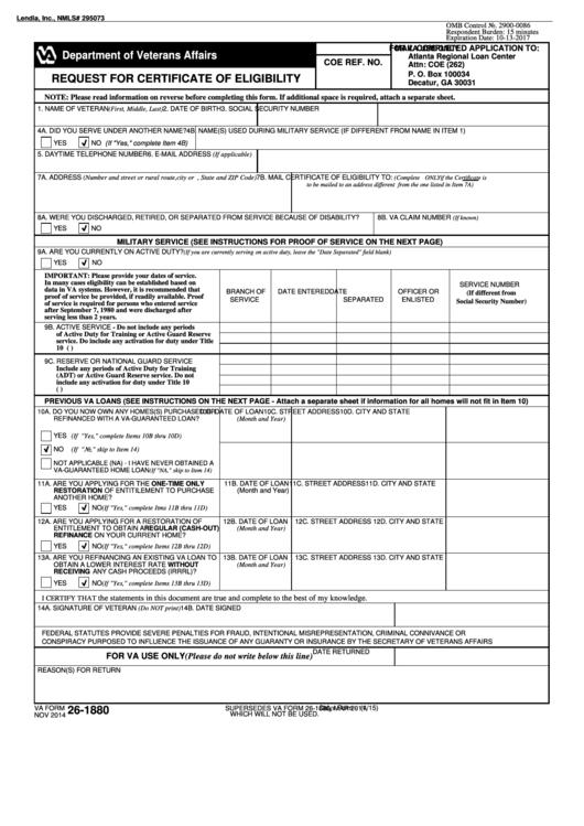 Va Form 26-1880 - Request For Certificate Of Eligibility Printable pdf