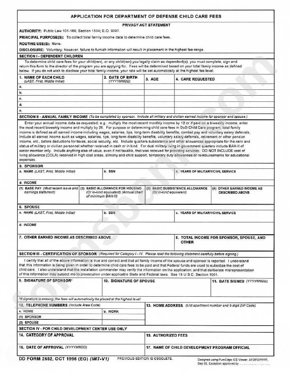 Dd Form 2652 - Application For Department Of Defense Child Care Fees