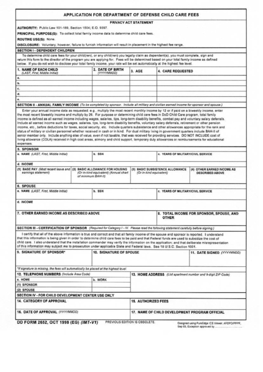 Dd Form 2652 - Application For Department Of Defense Child Care Fees Printable pdf