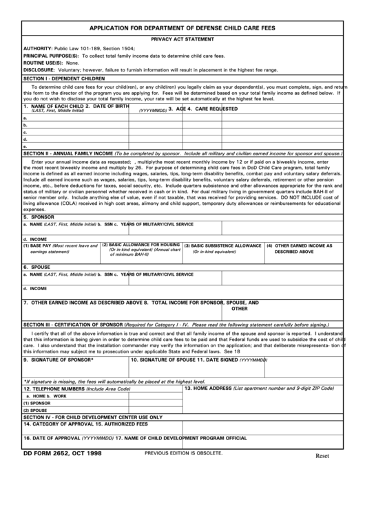 Fillable Dd Form 2652 - Application For Department Of Defense Child Care Fees Printable pdf