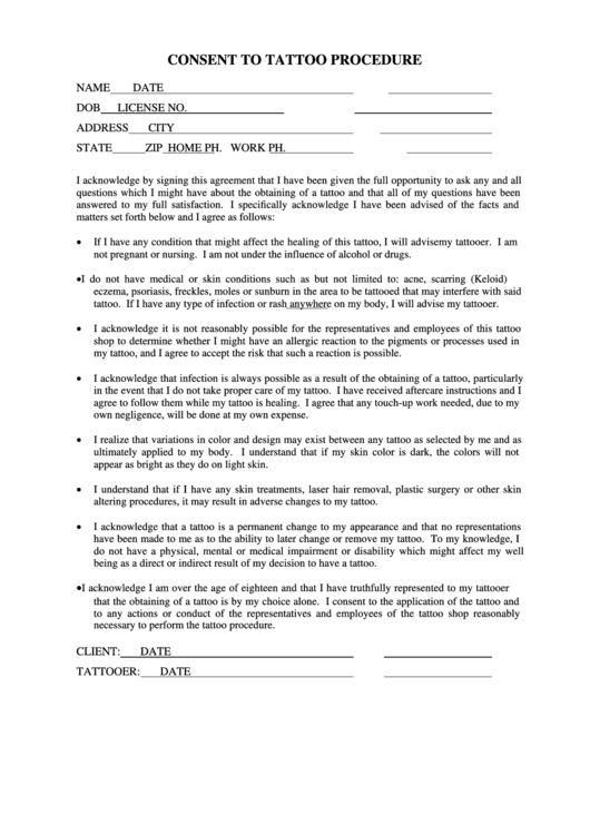 Consent To Tattoo Procedure Template