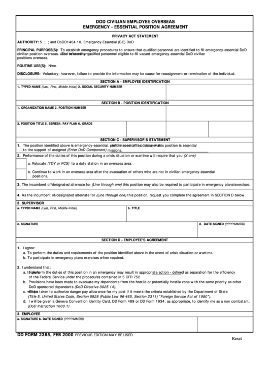 Fillable Dd Form 2365 - Dod Civilian Employee Overseas Emergency - Essential Position Agreement Printable pdf