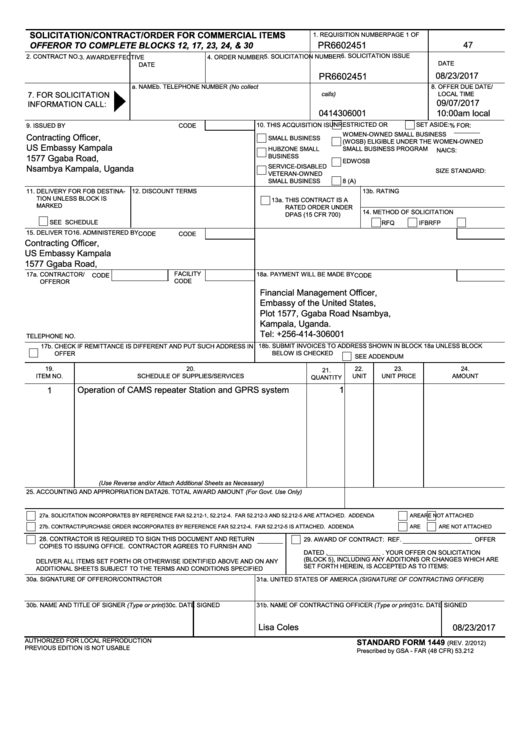 Fillable Form 1449 - Solicitation/contract/order For Commercial Items Printable pdf