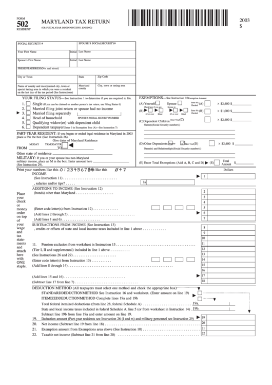 Fillable Form 502 - Maryland Tax Return - 2003 Printable pdf