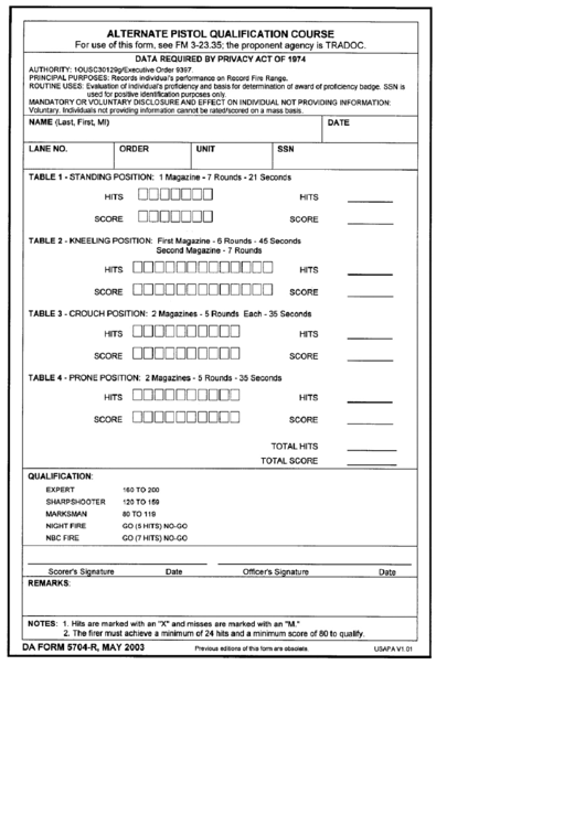 Da Form 5704-R - Alternate Pistol Qualification Course Printable pdf
