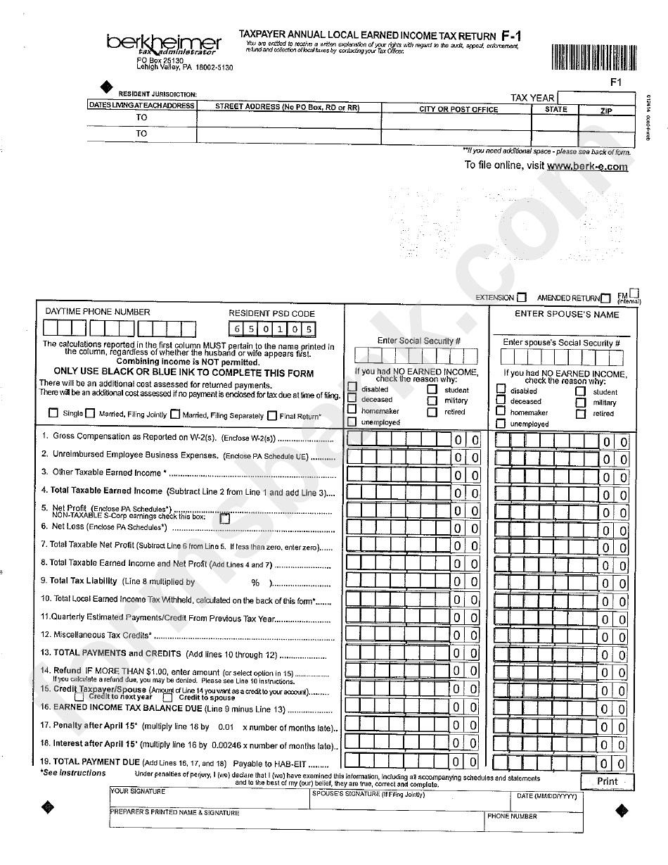 Download Form F-1 - Taxpayer Annual Local Earned Income Tax Return printable pdf download