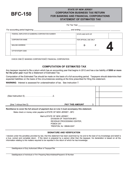 Fillable Form Bfc-150 - Corporation Business Tax Return For Banking And Financial Corporations - Statement Of Estimated Tax Printable pdf
