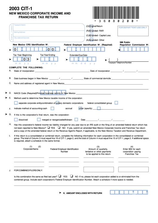 Form Cit-1 - New Mexico Corporate Income And Franchise Tax Return - 2003 Printable pdf