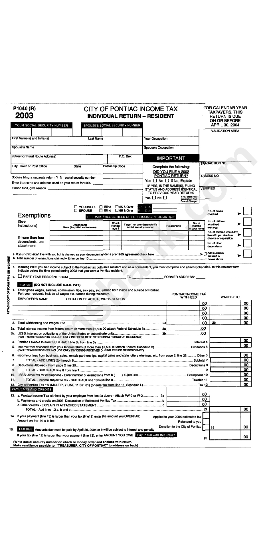 Form P1040 - Individual Return-Resident - City Of Pontiac - 2003