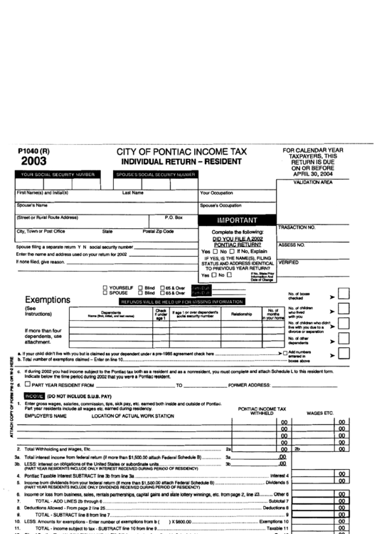 Form P1040 - Individual Return-Resident - City Of Pontiac - 2003 Printable pdf