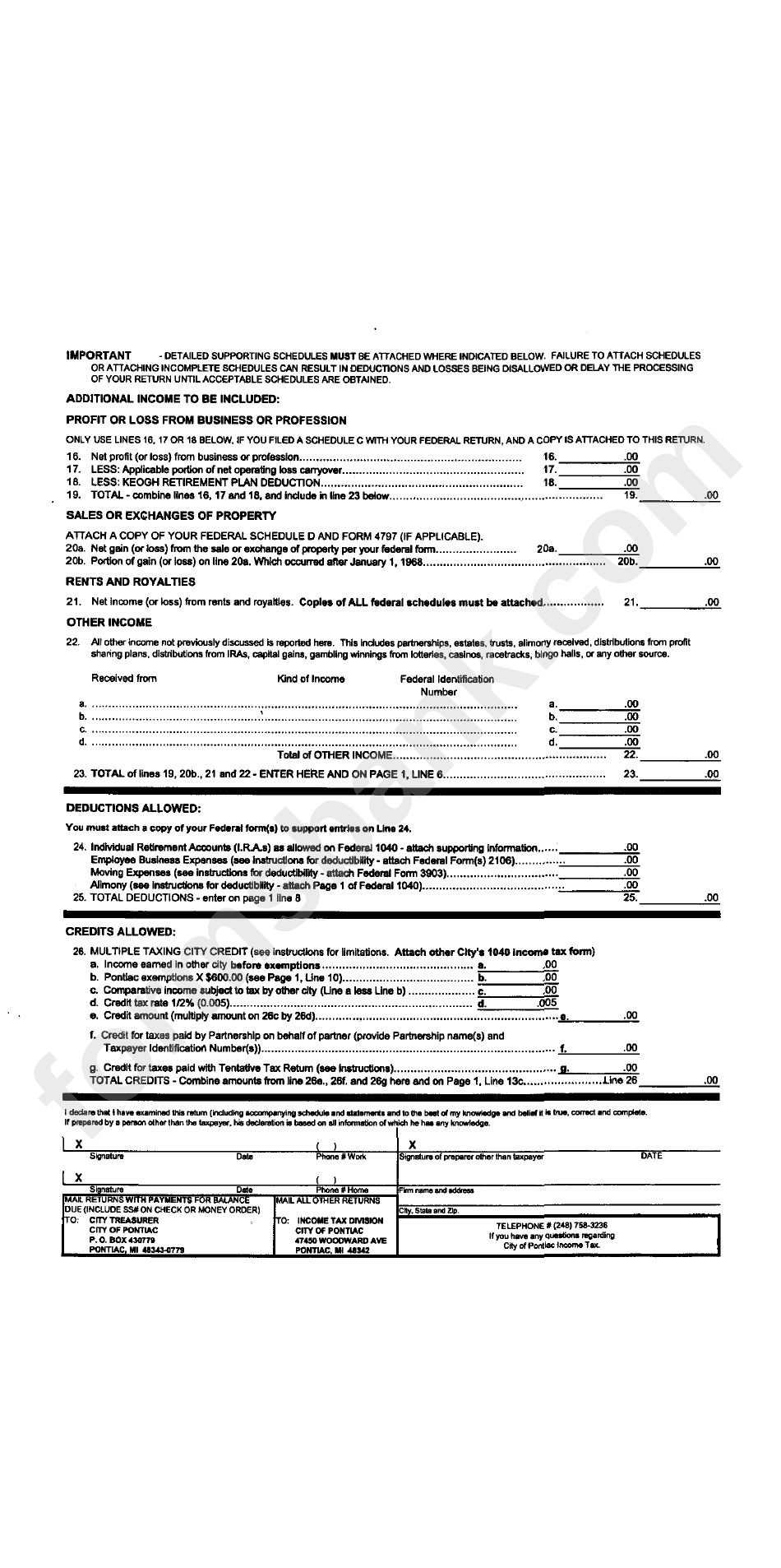 Form P1040 - Individual Return-Resident - City Of Pontiac - 2003