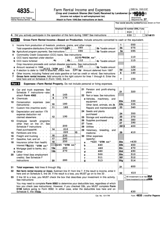 Fillable Form 4835 - Farm Rental Income And Expenses - 1998 Printable pdf