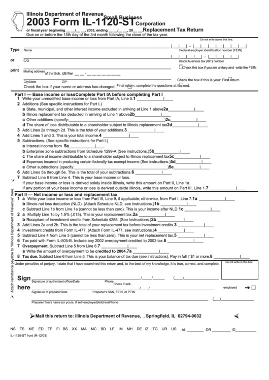 Form Il-1120-St - Small Business Corporation Replacement Tax Return - 2003 Printable pdf