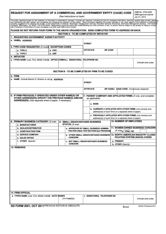 Fillable Dd Form 2051 - Request For Assignment Of A Commercial And Government Entity Code Printable pdf