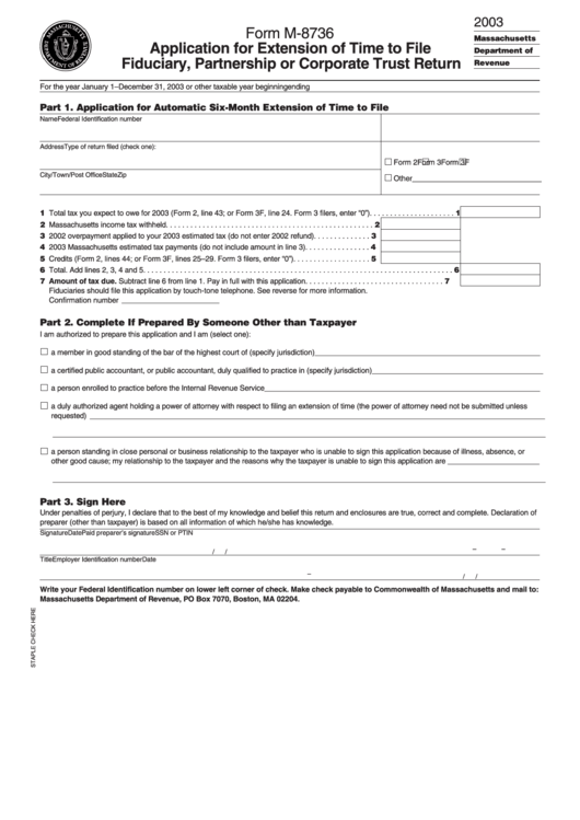 Form M-8736 - Application For Extension Of Time To File Fiduciary, Partnership Or Corporate Trust Return - 2003 Printable pdf