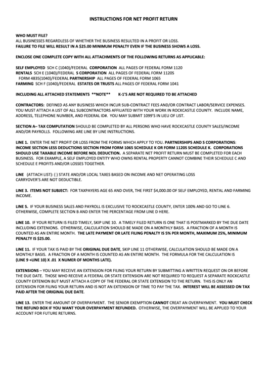 Instructions For Net Profit Return Rockcastle County printable pdf