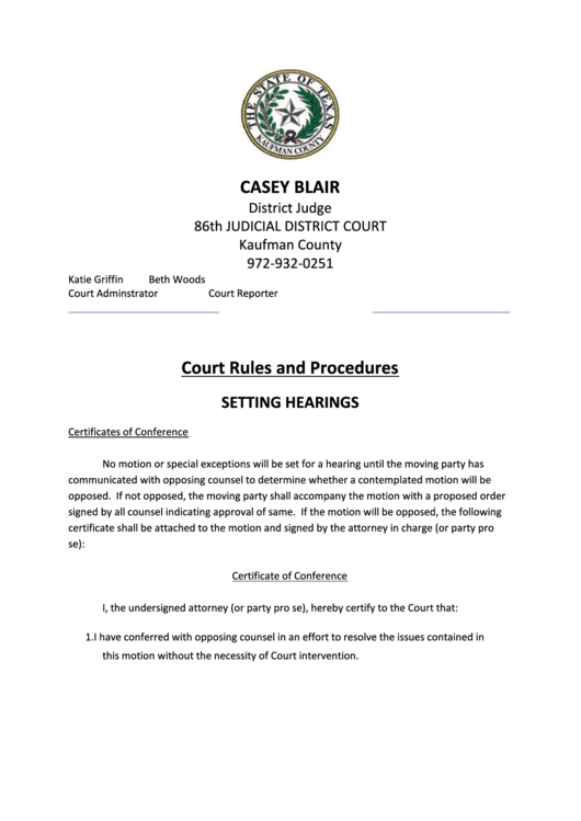 Court Rules And Procedures - Setting Hearings Printable pdf
