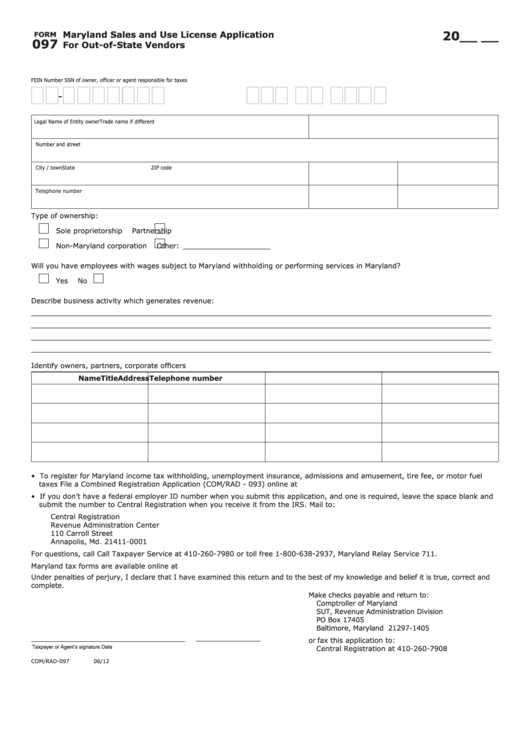 Fillable Form 097 - Maryland Sales And Use License Application For Out-Of-State Vendors Printable pdf