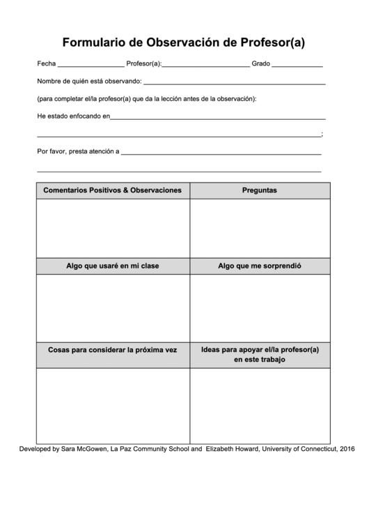 Formulario De Observacion De Profesor(A) (Teacher Peer Observation Form) Printable pdf