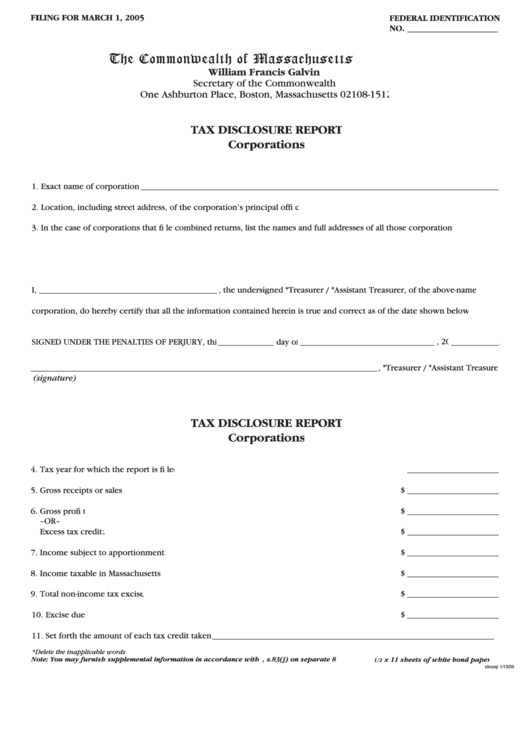 Fillable Tax Disclosure Report Corporations - The Commonwealth Of Massachusetts Printable pdf