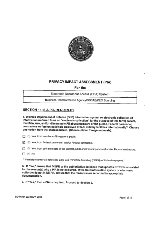Dd Form 2930 - Privacy Impact Assessment (Pia) Printable pdf