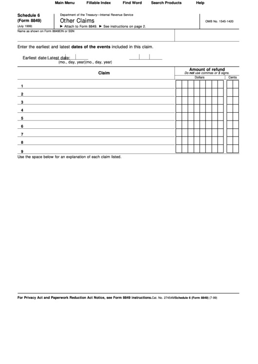 Fillable Schedule 6 (Form 8849) - Other Claims Printable pdf