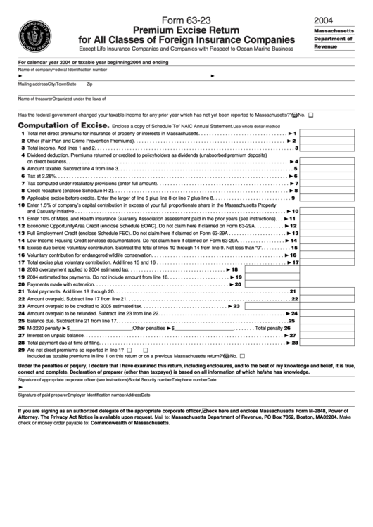 Fillable Form 63-23 - Premium Excise Return For All Classes Of Foreign Insurance Companies - 2004 Printable pdf