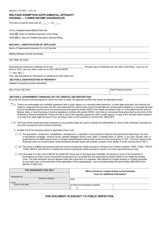 Fillable Form Boe-267-L - Welfare Exemption Supplemental Affidavit, Housing - Lower Income Households Printable pdf