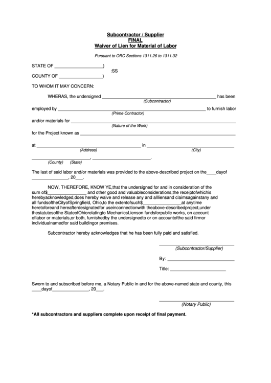 Subcontractor / Supplier Final Waiver Of Lien For Material Of Labor Template Printable pdf