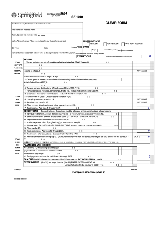 Fillable Form Sf-1040 - Individual Return - 2004 Printable pdf