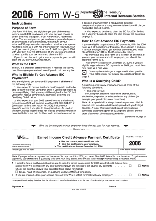 Fillable Form W-5 - Earned Income Credit Advance Payment Certificate - 2006 Printable pdf