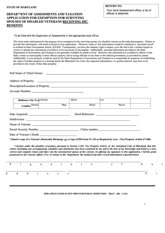 Fillable Form Sdat-4b1 - Application For Exemption For Surviving Spouses Of Disabled Veterans Receiving Dic Benefits Printable pdf