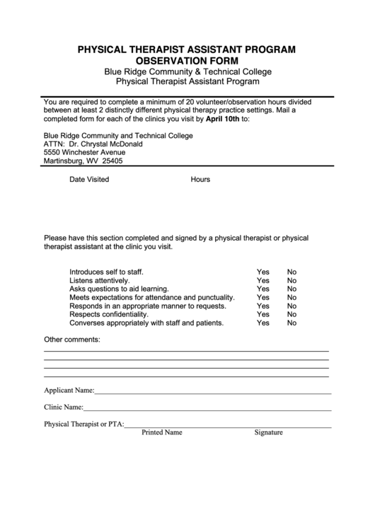 Physical Therapist Assistant Program Observation Form printable pdf